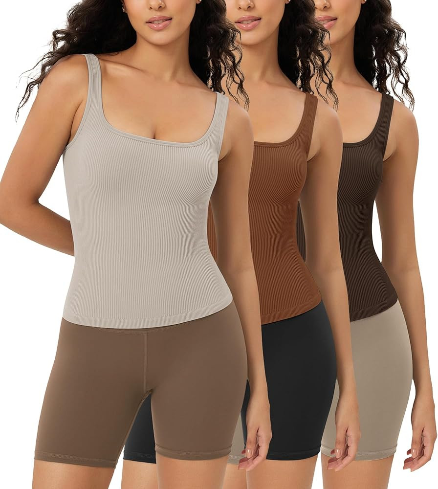 ODODOS 3-Pack Seamless Square Neck Crop Tank for Women Ribbed Knit Soft Low Back Cropped Tops | Amazon (US)