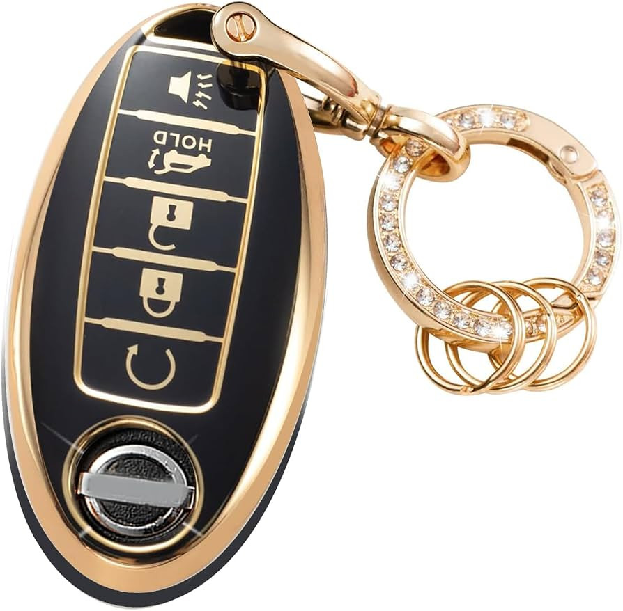 for Nissan Key Fob Cover 5Buttons TPU Protection Car Key Case Shell with Fashion Gold Bling Keych... | Amazon (US)