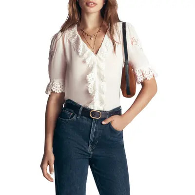 Boden Ruffle V-Neck Lace Top in Ivory at Nordstrom, Size 4 | Nordstrom