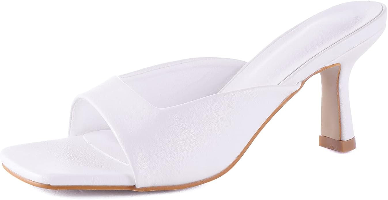 LACUONE Women's Mid Heels Slip-on Mules Square Open Toe Stiletto Sandals Slides | Amazon (US)