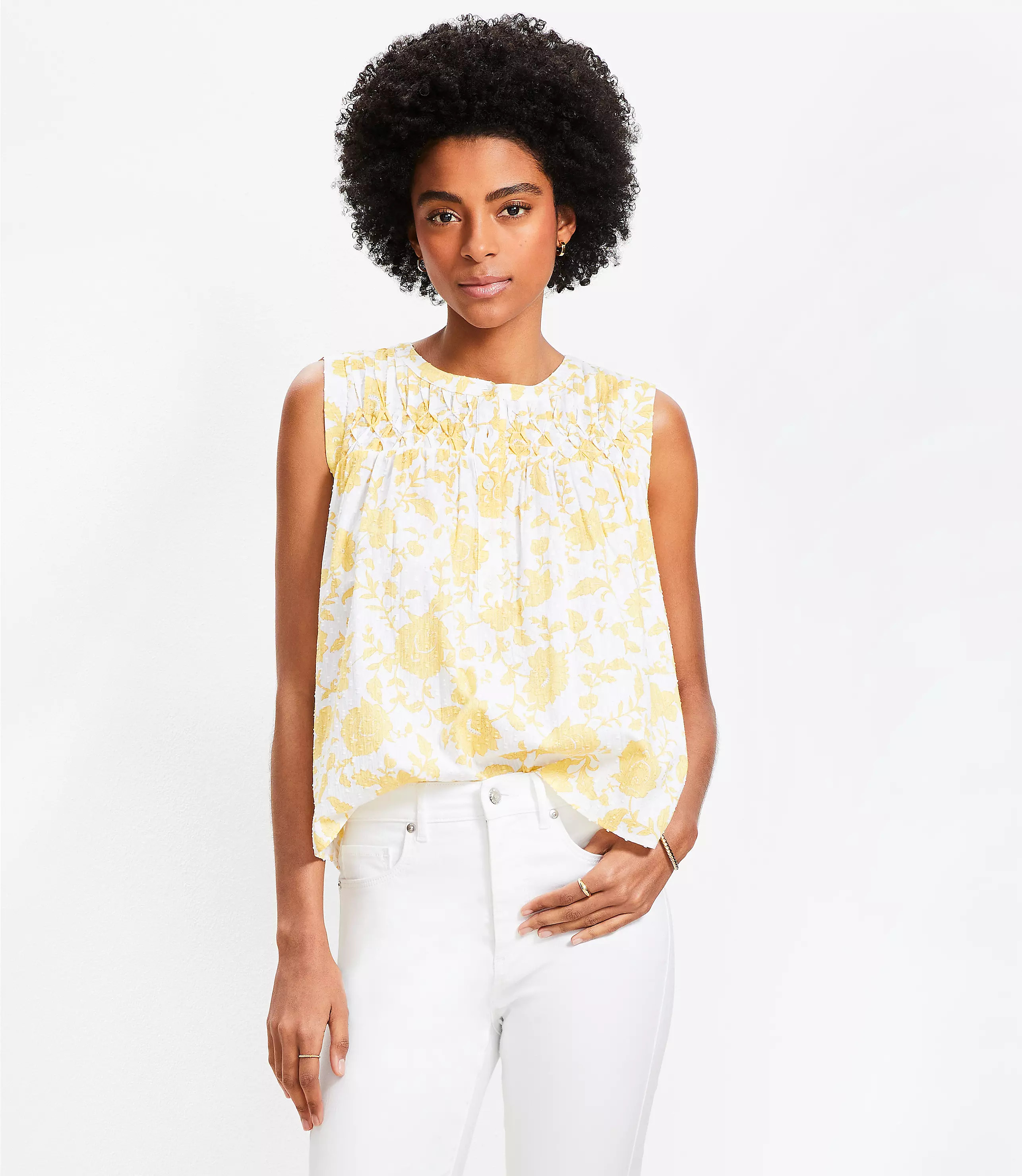 Floral Pleated Yoke Mixed Media Top | LOFT