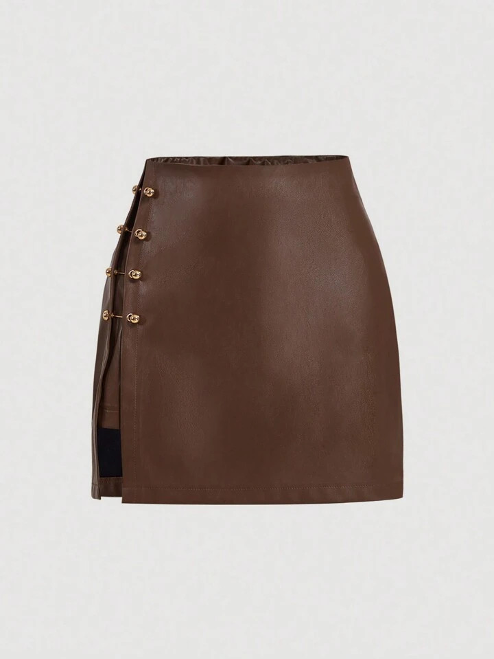 SHEIN MOD Brown Side Slit Metallic Trim Faux Leather A-Line Skirt, Going Out Skirt, Vintage Skirt... | SHEIN