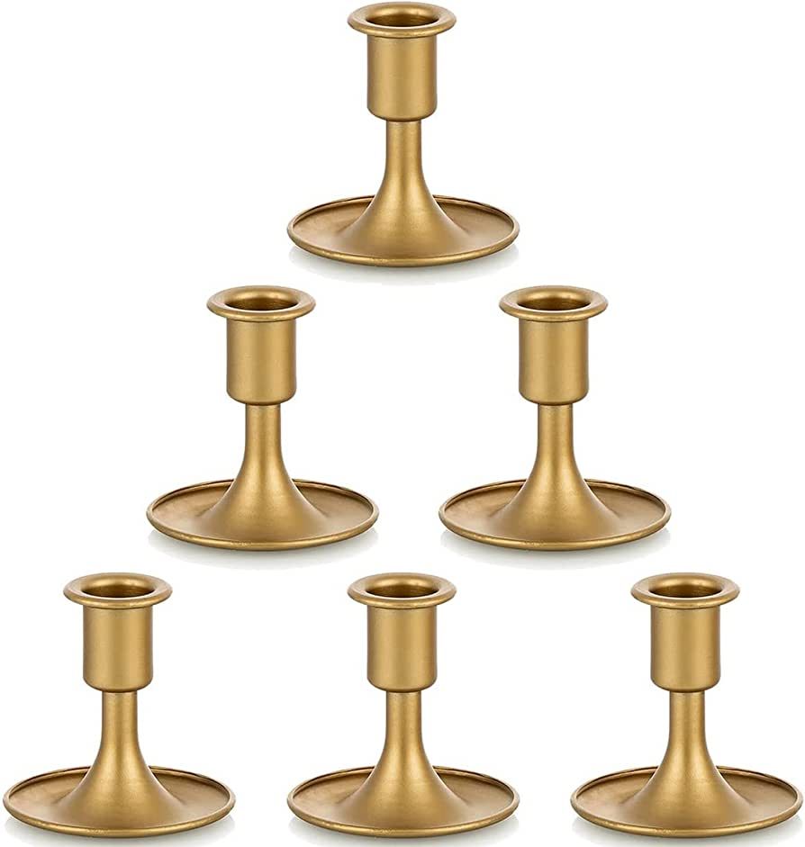 Gold Taper Candle Holder Set of 6, Hewory Short Skinny Brass Candlestick Holders, Vintage Small L... | Amazon (US)