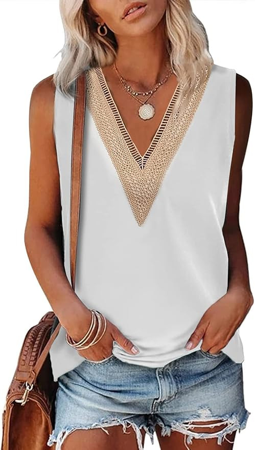 BLENCOT Womens Lace Tank Tops Summer Sleeveless V Neck Dressy Tunic Shirts Solid Casual Loose Blo... | Amazon (US)