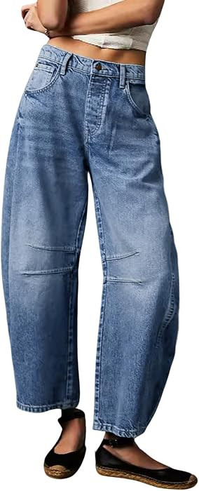 Womens Stretchy Mid Rise Barrel Jeans Vintage Loose Wide Leg Cropped Denim Pants Y2k Baggy Boyfriend Jeans | Amazon (US)