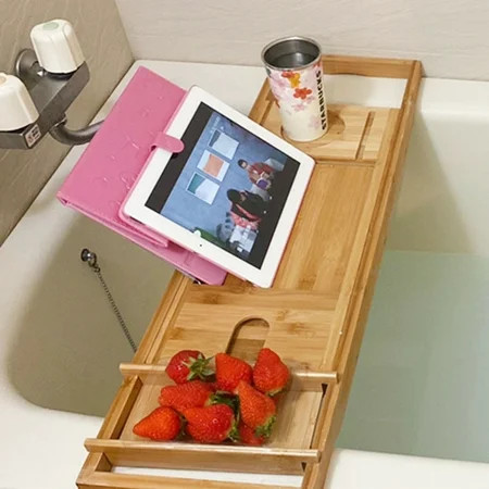 Ethedeal Wood Bathtub Caddy Bamboo Bath Tub Tray Shower Book Wine Glass Holder | Walmart (US)