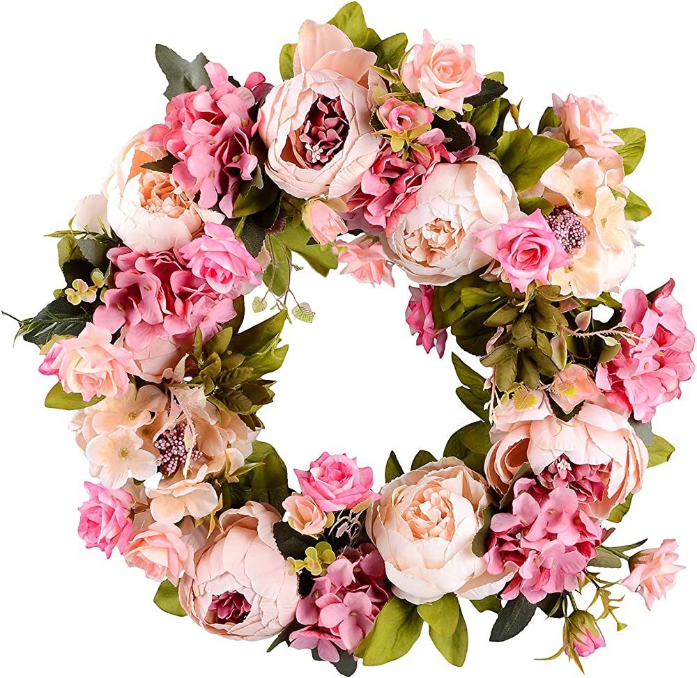 Lvydec Artificial Peony Flower Wreath - 15" Pink Flower Door Wreath with Green Leaves Spring Wrea... | Amazon (US)
