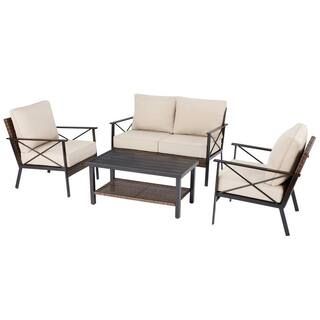 Hampton Bay Northport 4-Piece Wicker Outdoor Patio Deep Seating Set with Tan Cushions and Coffee ... | The Home Depot