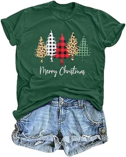 Christmas Tree Shirts for Women: Merry Christmas Graphic Print T-Shirts Xmas Holiday Blouse Tops | Amazon (US)