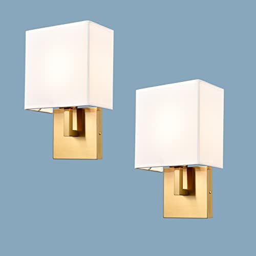 YUBOLE Gold Wall Sconces Set of 2 Modern Bathroom Bedroom Wall Light with Linen Shade Brushed Brass  | Amazon (US)