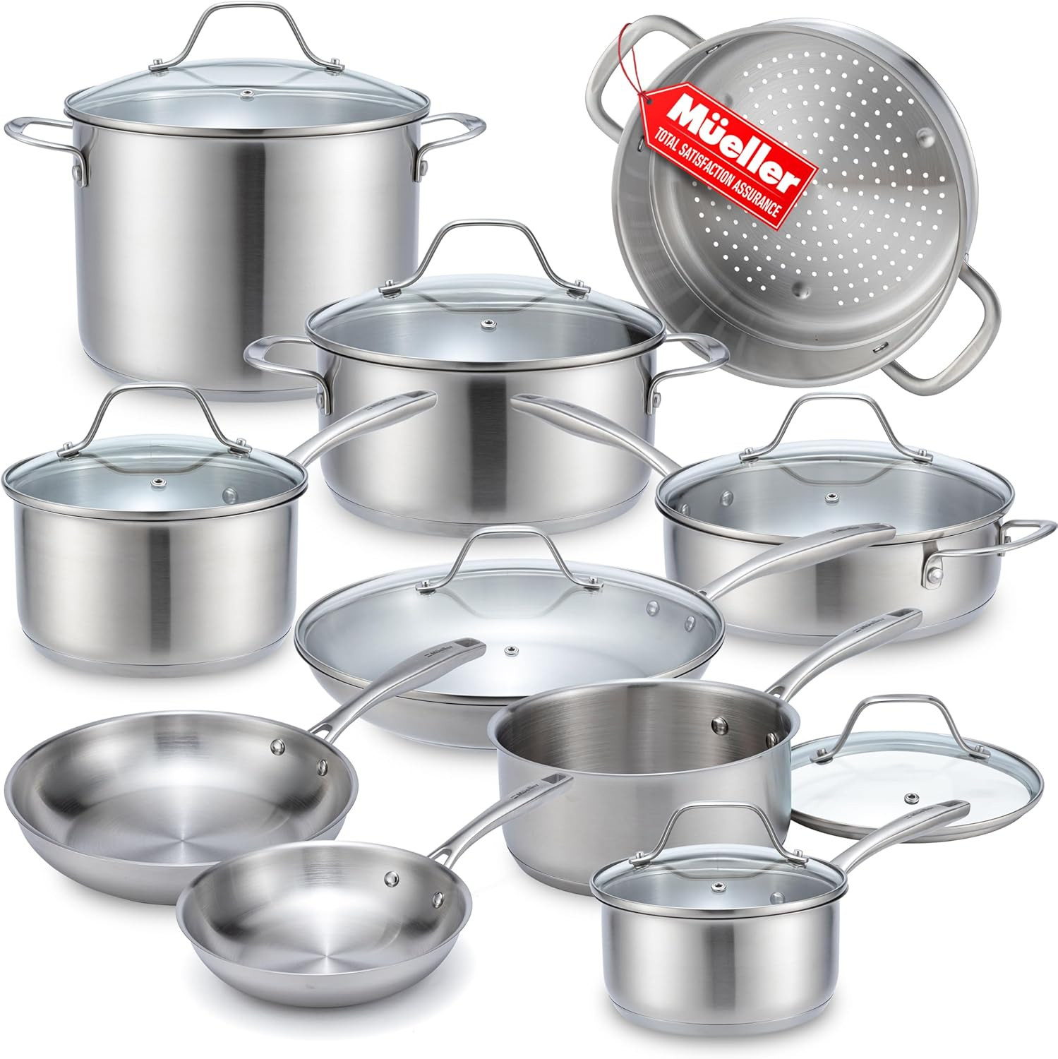 Mueller 17-Piece Stainless Steel Pots and Pans Set, Tri-Ply Ultra-Clad Pro | Amazon (US)