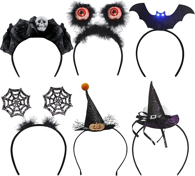 ATDAWN 6 Pack Halloween Headbands, Witch Hat Headbands, Eyeball Boppers LED Flashing Eyes Headban... | Amazon (US)