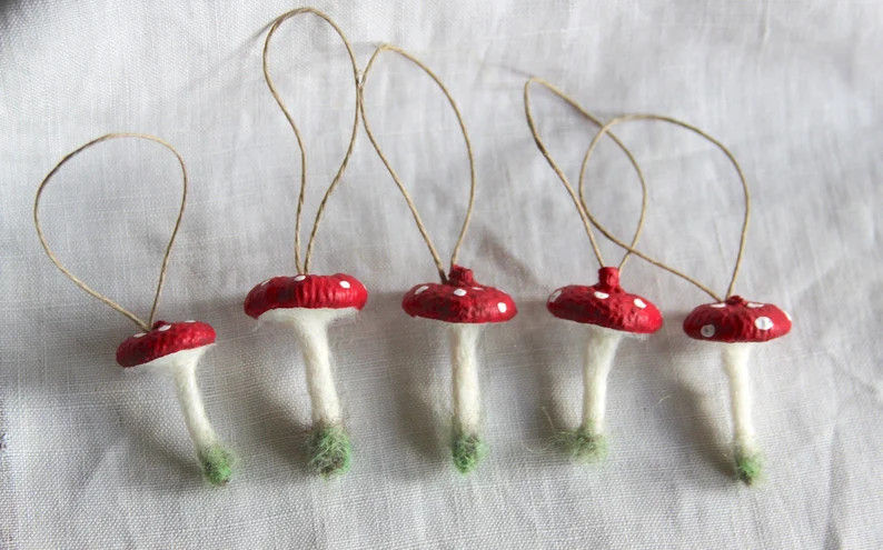Holidays Decor, Wool Felted Ornament, Real Acorns, Red Mushroom, Amanita, Toadstool Fairy Garden ... | Etsy (US)
