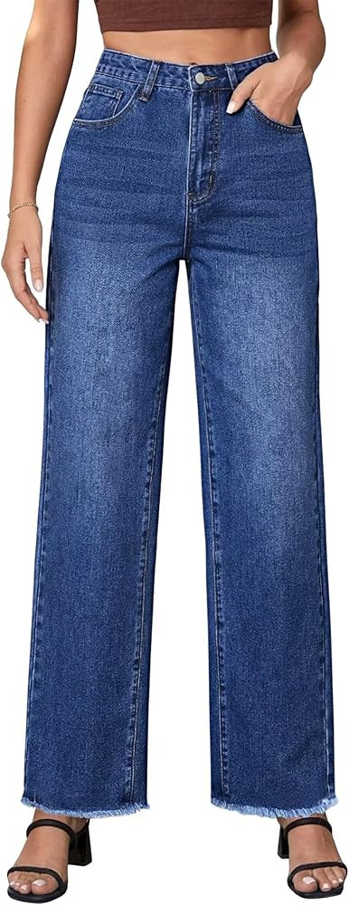 Allimy Women's Straight Leg Flare Jeans High Waisted Strechy Raw Hem Denim Pants | Amazon (US)