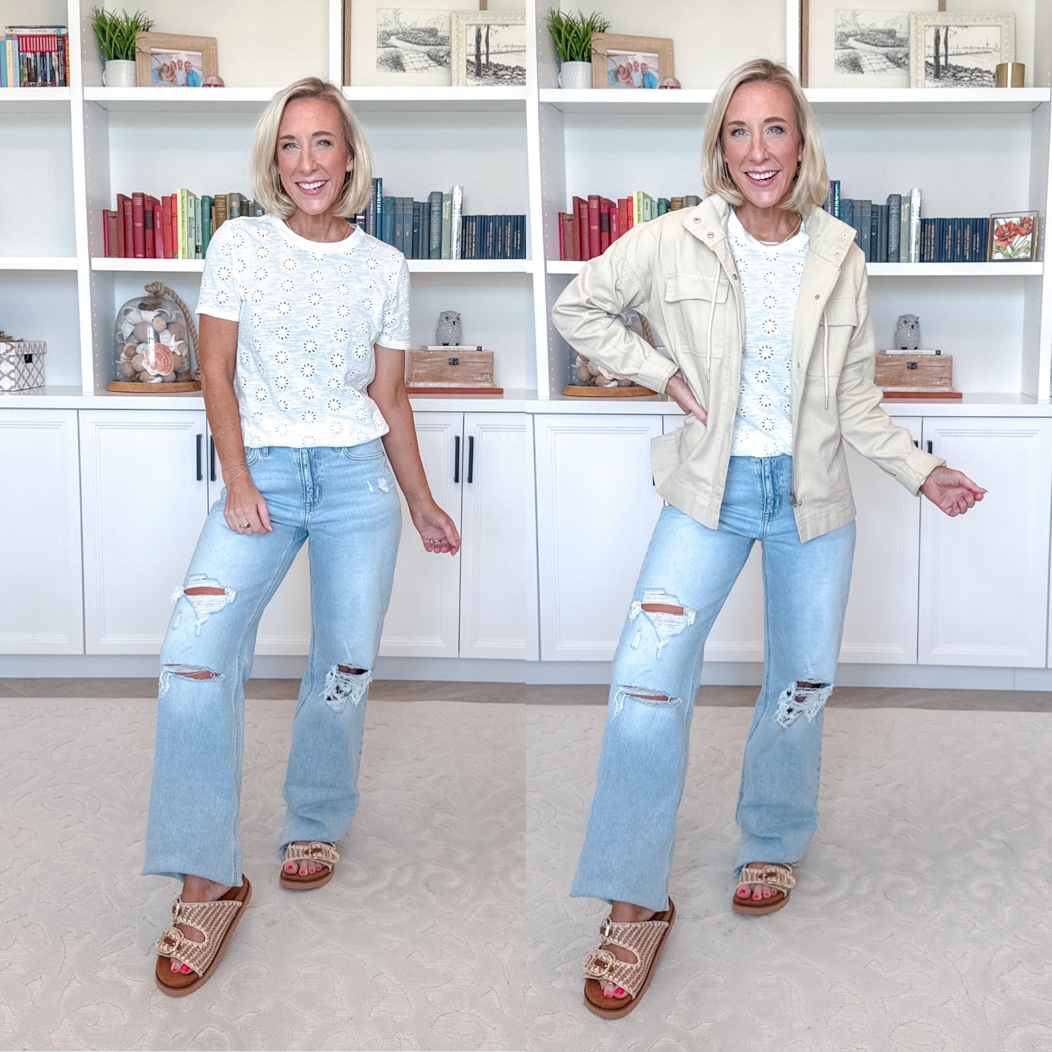 @maurices - spring denim haul: (and it’s all on sale!… PLUS, use code LTK10 for a stackable 10% off!!)  High Rise Ripped Wide Leg Jean - Size 0, Regular. Eyelet Crew Neck Tee - Size XSmall, Tan Canvas Utility Jacket - Size XSmall. Raffia Two Band Footbed Sandal - TTS. 

 

#LTKSeasonal #LTKOver40 #LTKSaleAlert