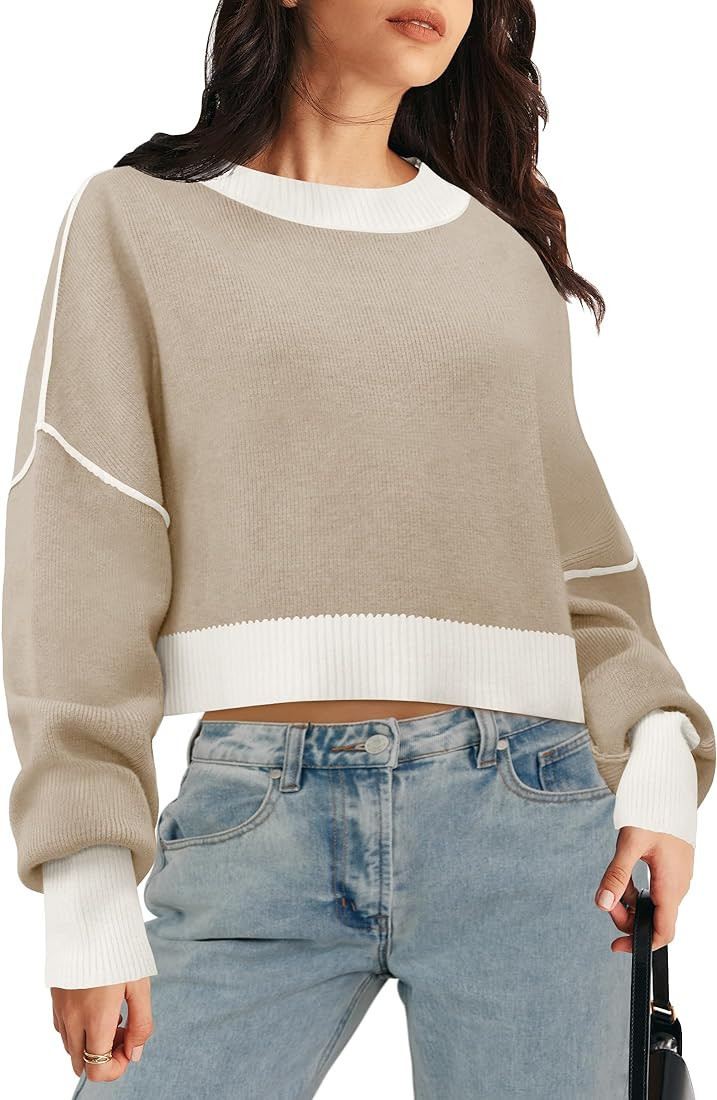 MEROKEETY Women's Crewneck Cropped Color Block Sweater Batwing Sleeve Ribbed Knit Pullover Jumper | Amazon (US)