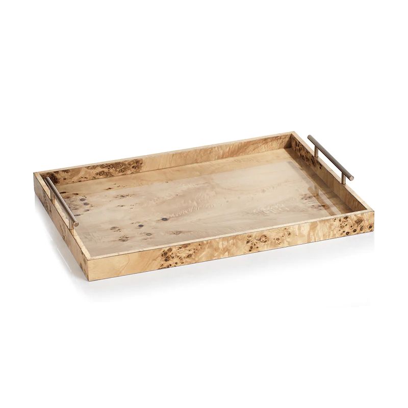 Suri Burl Wood Rectangular Tray with Gold Handles | Winnoby 