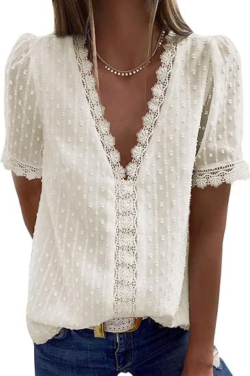 Dokotoo Women's V Neck Lace Crochet Tunic Tops Flowy Casual Blouses Shirts | Amazon (US)