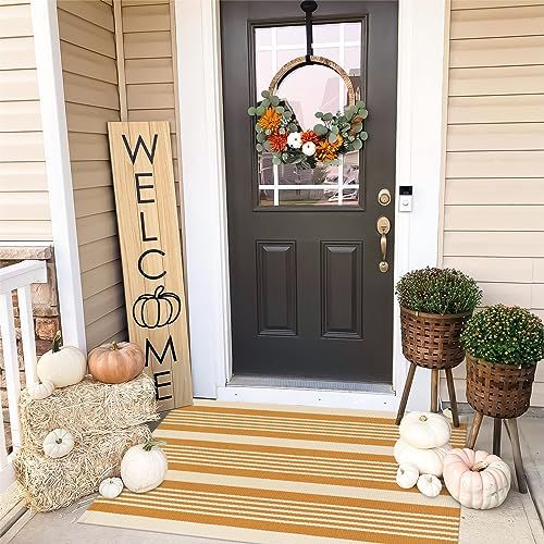 LEEVAN Halloween Striped Outdoor Rug 3'x 5', Orange and White Fall Door Mat, Washable Woven Porch... | Amazon (US)