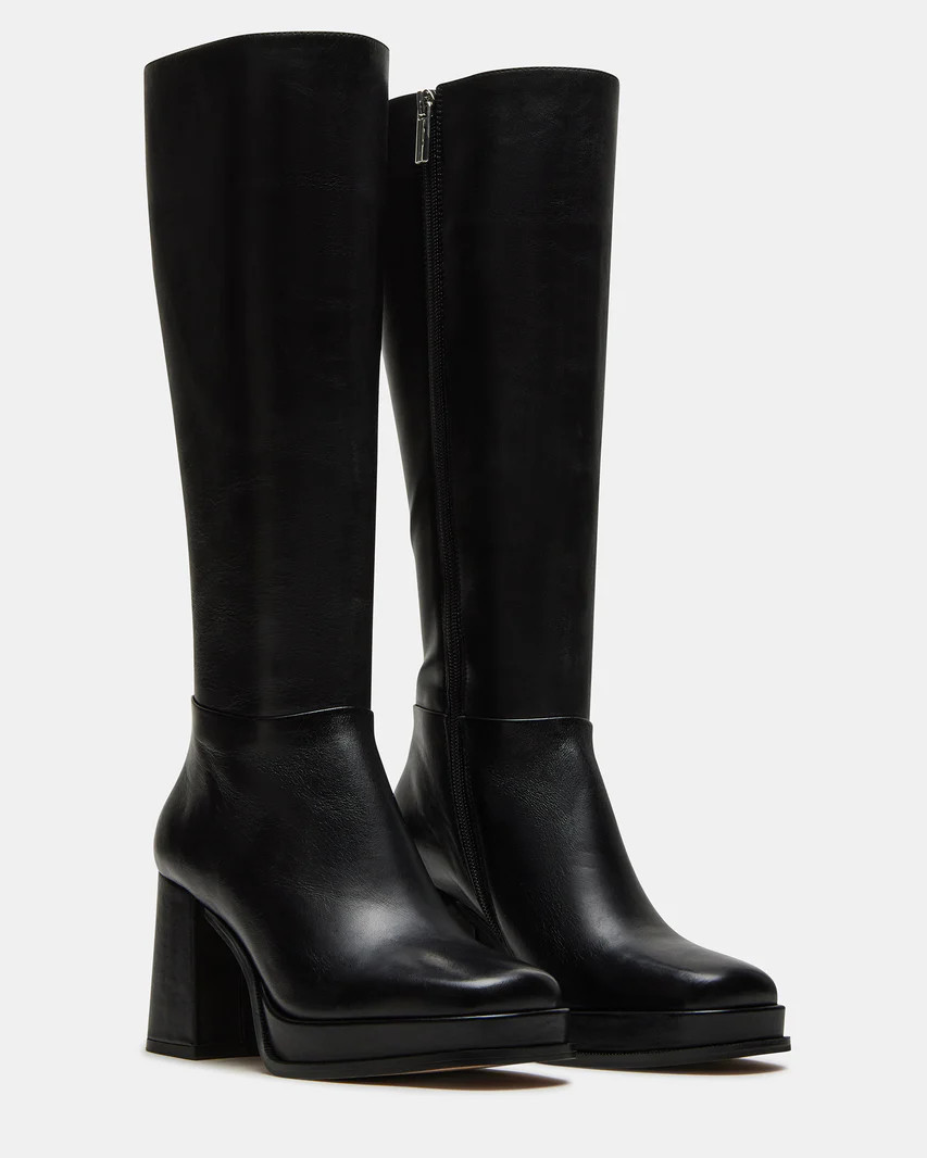 MYSTERY Black Leather Block Heel Platform Boot | Women's Boots | Steve Madden (US)