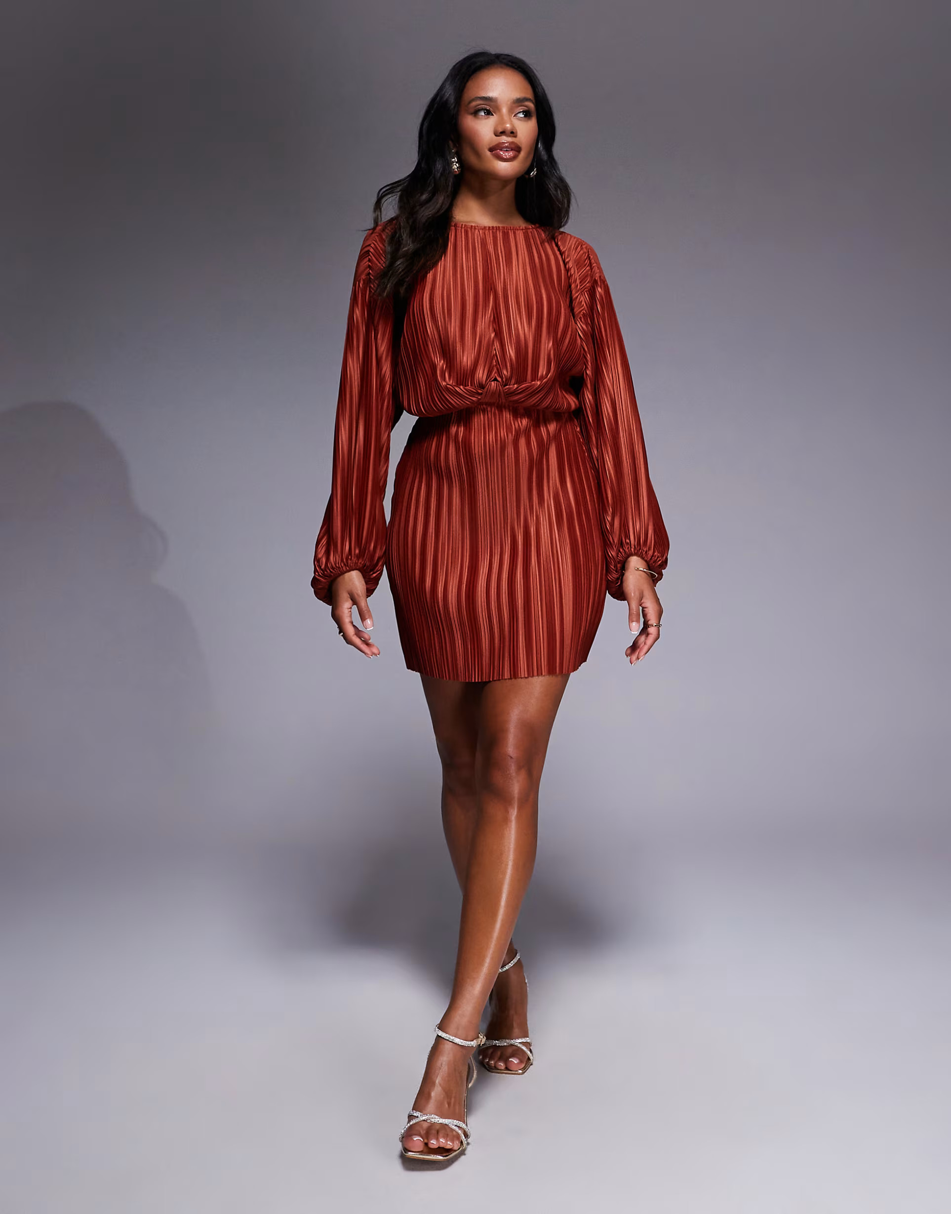 ASOS DESIGN plisse blouson sleeve and waist mini dress in rust | ASOS (Global)