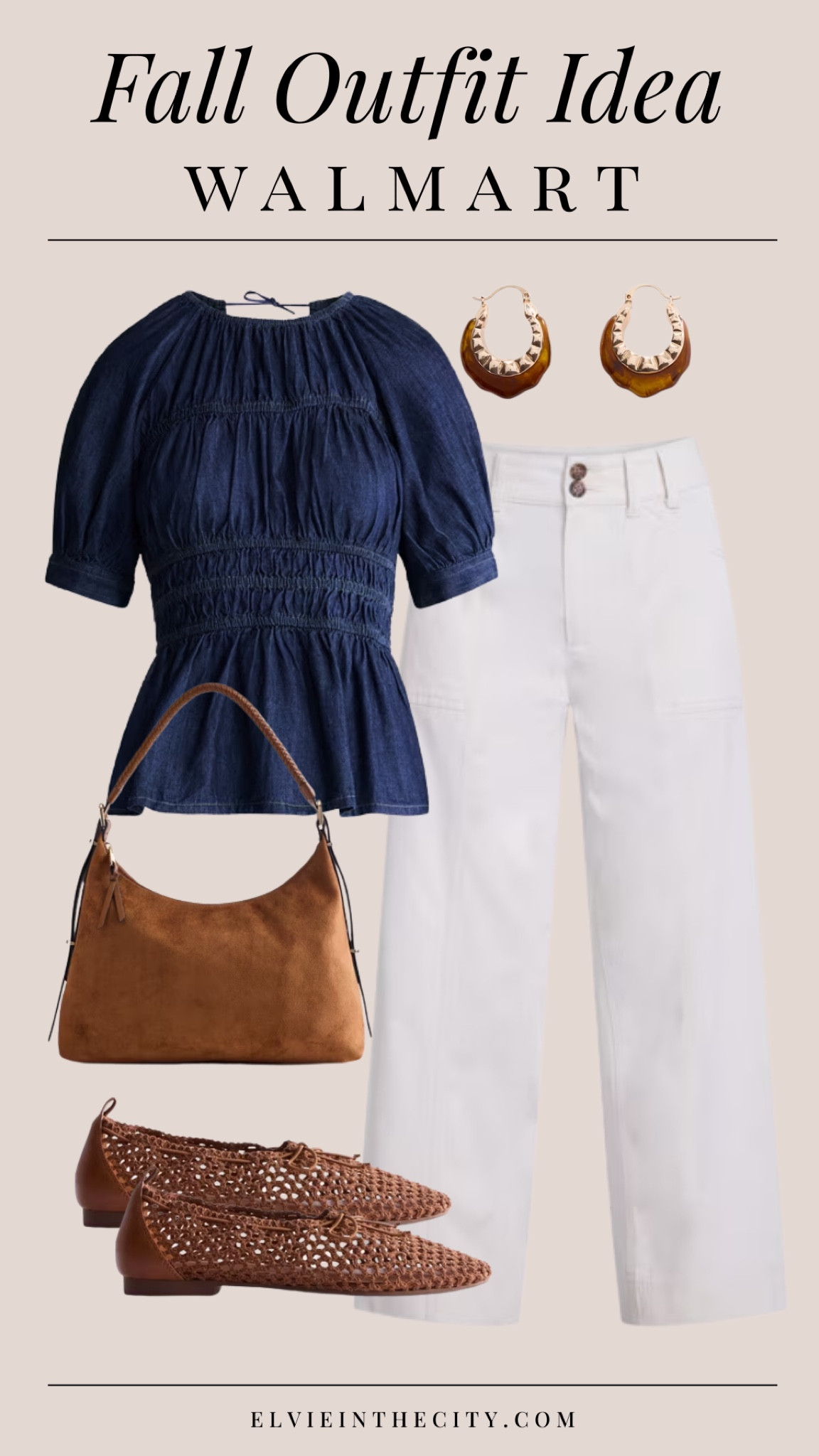 This fall outfit idea from Walmart includes a denim top with a peplum hem, white wide leg pants, a brown shoulder bag, brown flats, and gold and brown earrings.

Ootd, fashion over 40, over 50 style, fall outfit idea, walmart fashion, affordable fashion 

#LTKootd #LTKPetite #LTKOver40