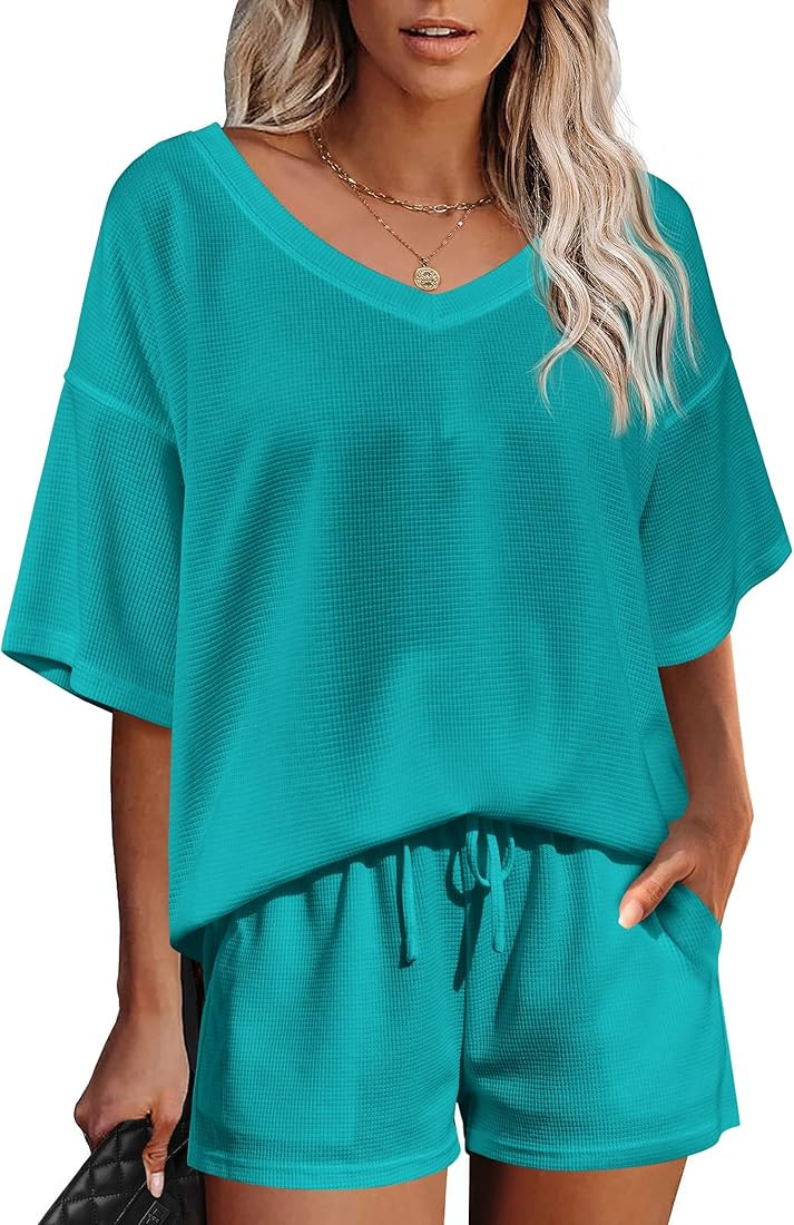Ekouaer Womens 2 Piece Short Sleeve Waffle Knit Pajama Sets V Neck Off Shoulder Sleepwear Casual ... | Amazon (US)