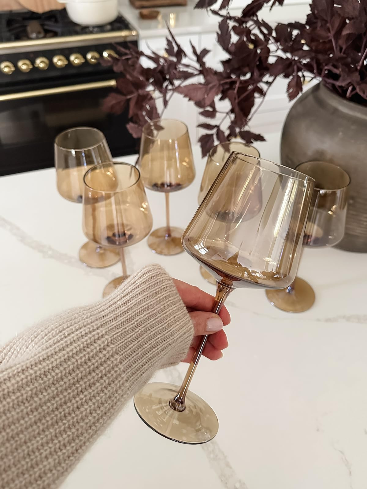 comfit Amber Wine Glasses Set Of 6 - Crystal Colorful Wine Glasses With Long Stem and Thin Rim,Mo... | Amazon (US)