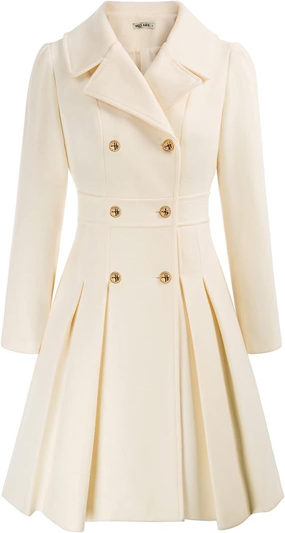 Amazon.com: Pea Coats for Women Lapel Double-Breasted A Line Wool Trench Coat Jacket White L : Cl... | Amazon (US)