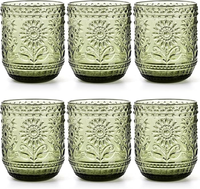 Hacaroa Set of 6 Vintage Drinking Glasses, 12 Oz Green Colored Glassware Floral Embossed Water Gl... | Amazon (US)