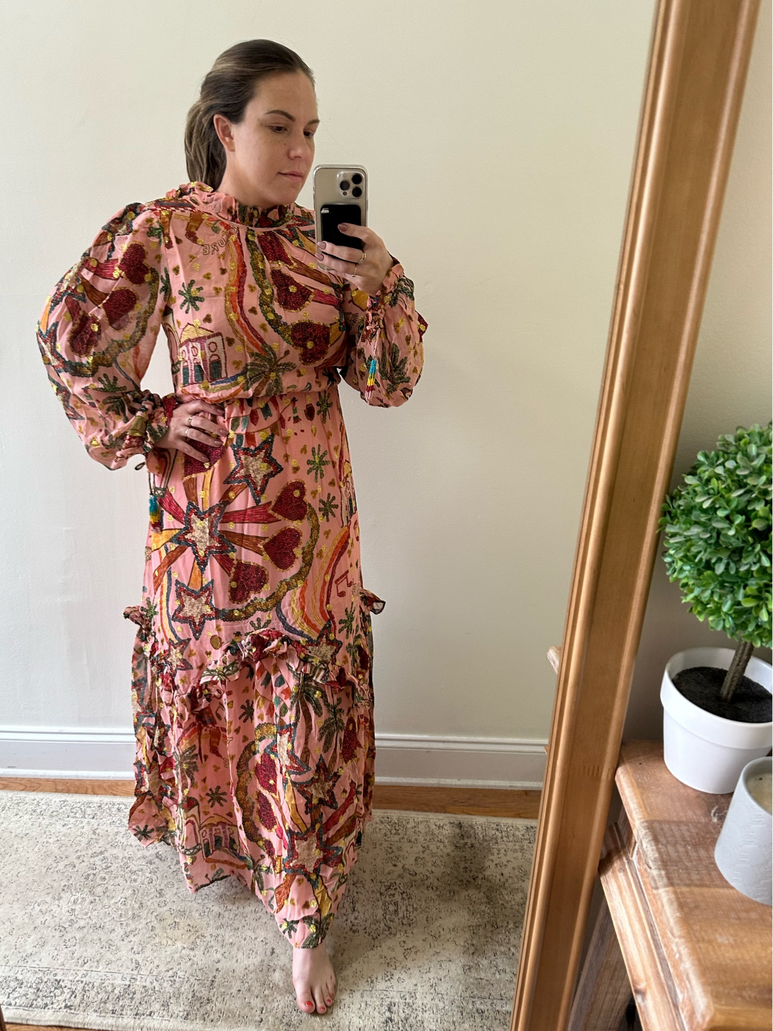 high neck maxi dress floral Multicolor Floral High Neck Balloon Sleeve Midi Dress