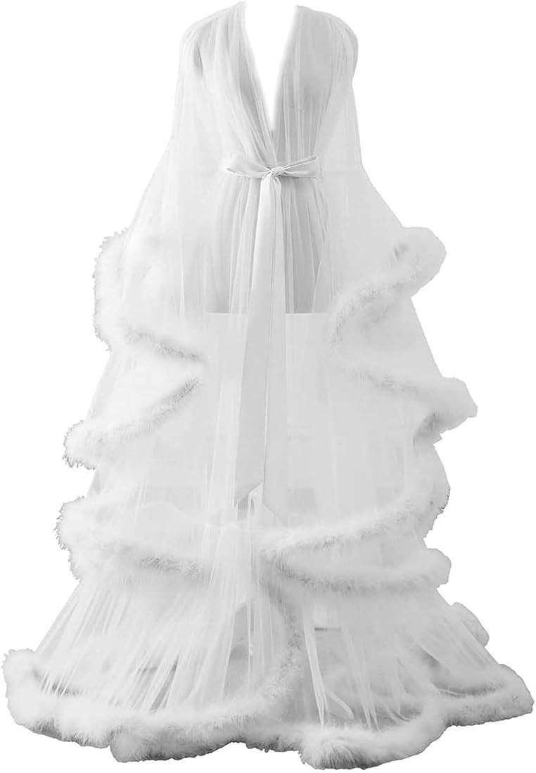 Changuan Sexy Feather Robe Long Fur Tulle Robe for Maternity Photoshoot Sheer Lingerie Bathrobe S... | Amazon (US)