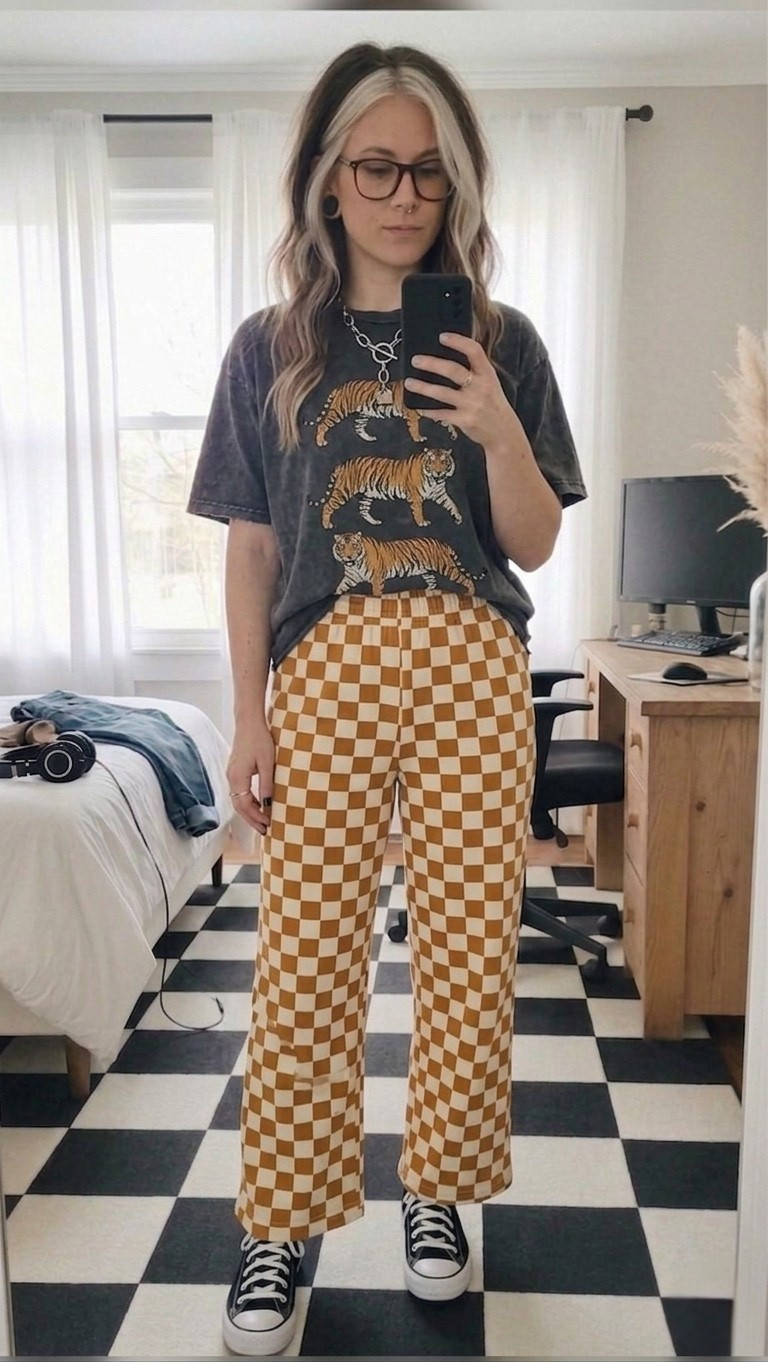 Level up your street style with this vintage-inspired ensemble. This charcoal washed graphic tee featuring a triple-tiger stack gives off that perfect worn-in feel, while the burnt orange checkerboard wide-leg pants add a bold pop of pattern. Whether you're heading to a coffee shop or a concert, this fit is a total vibe.

#LTKMidsize #LTKSeasonal #LTKootd