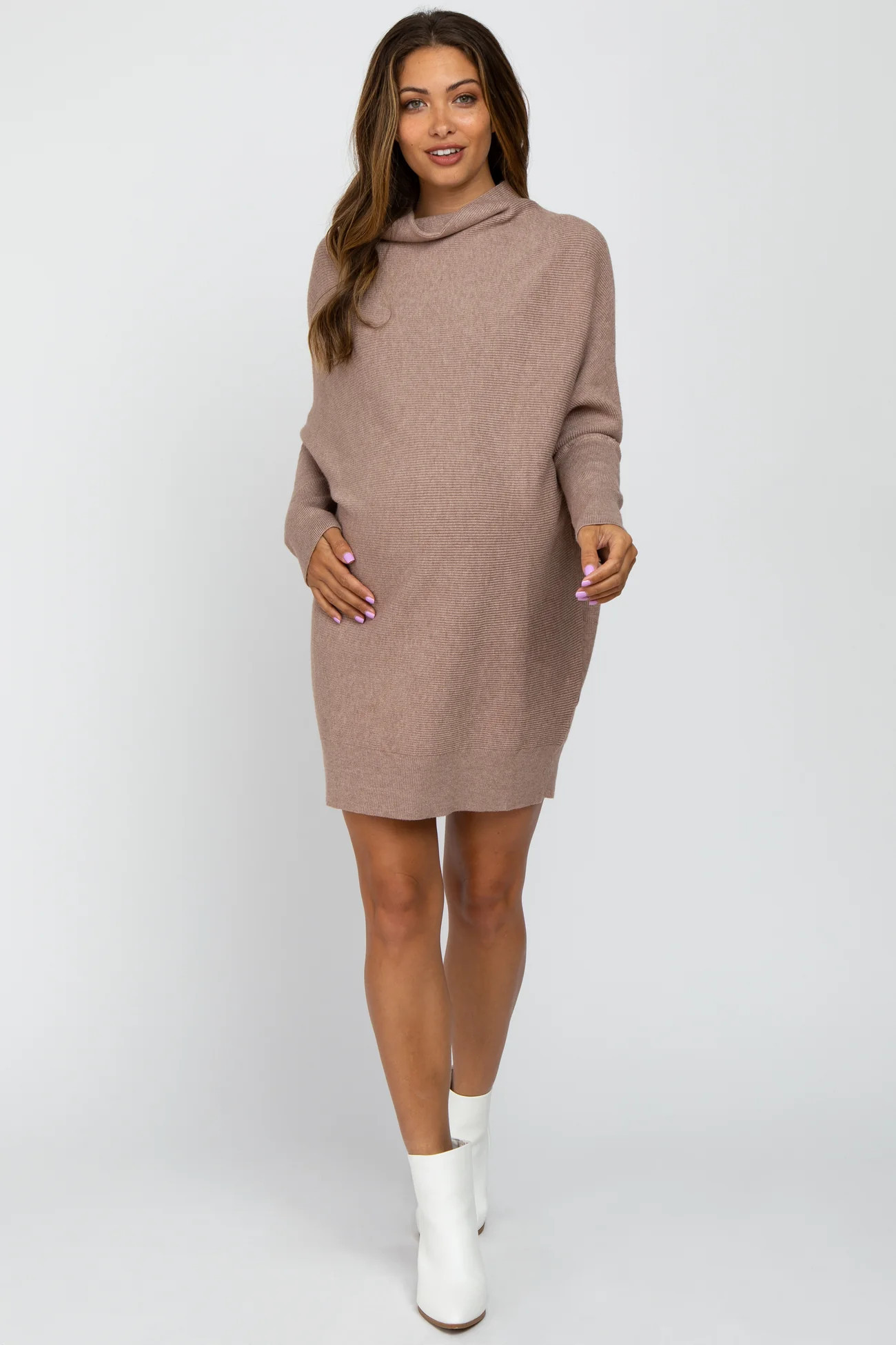Taupe Funnel Neck Dolman Sleeve Maternity Mini Dress | PinkBlush Maternity
