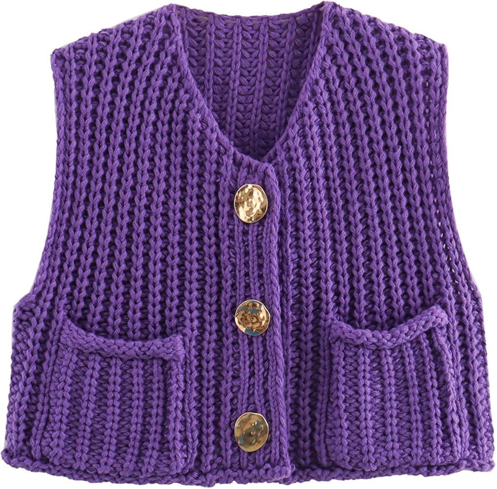 Chunky Sweater Vest Women Button Up Sleeveless Sweater Tops for Women Cropped Knit Cardigan | Amazon (US)