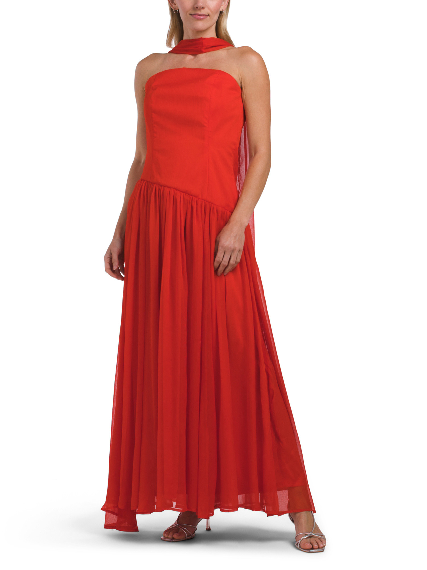 Strapless Assymetrical Waist Gown With Neck Scarf | TJ Maxx