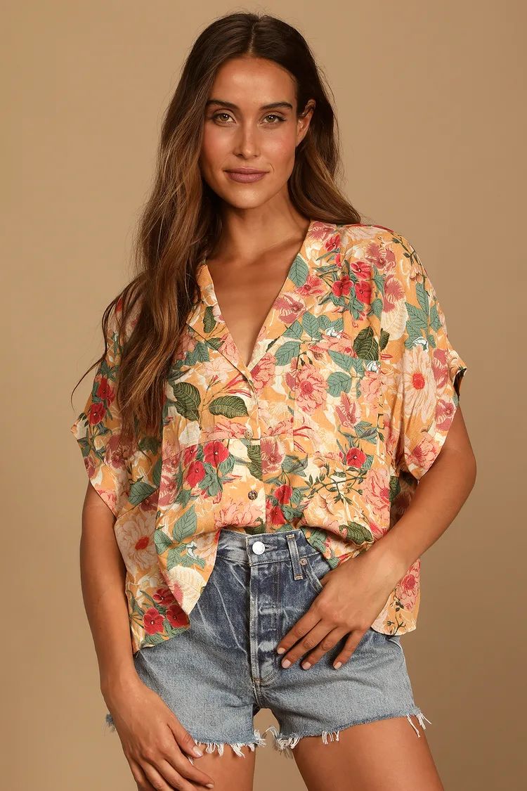 Island Style Orange Floral Print Button-Up Short Sleeve Top | Lulus (US)