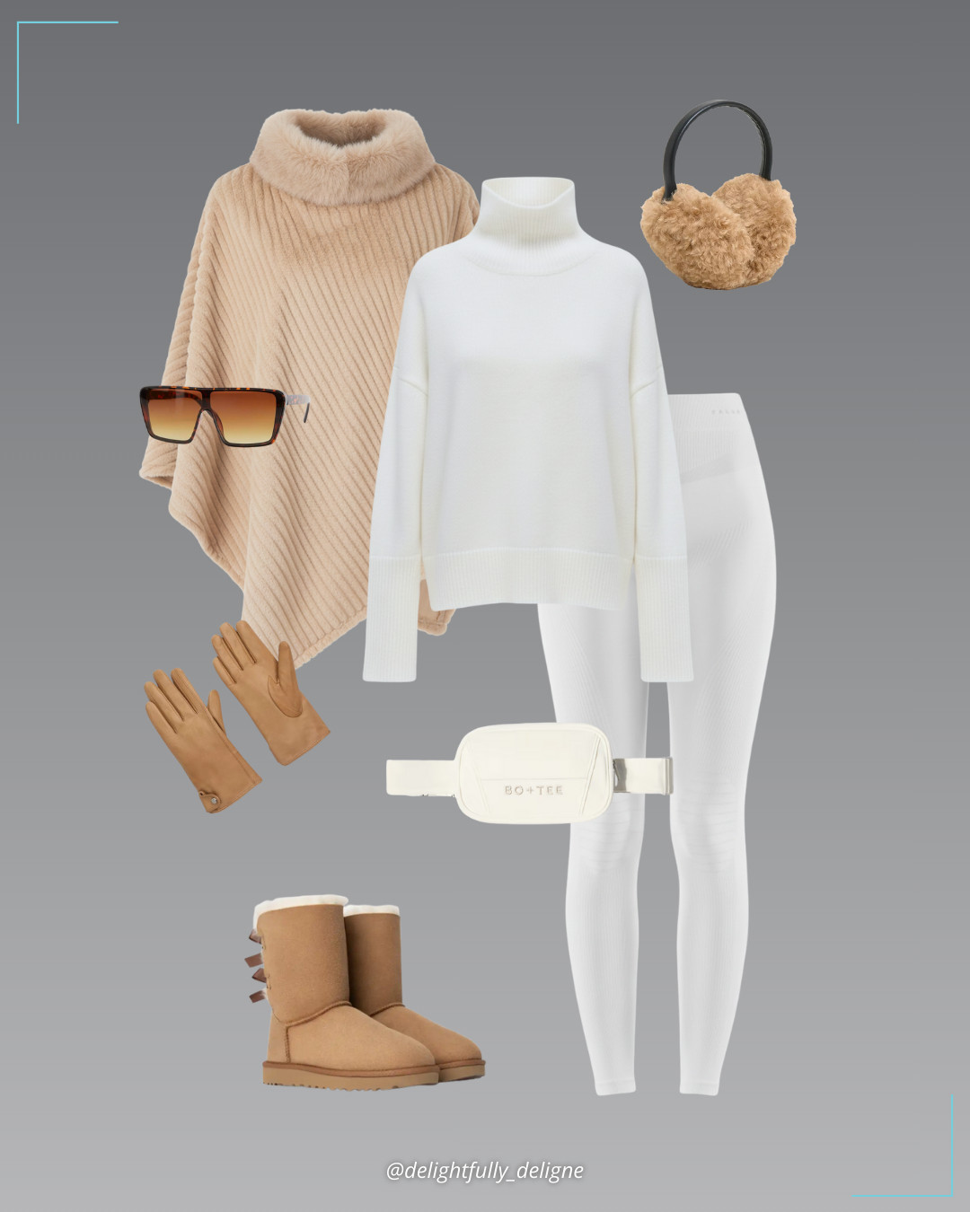 Winter Cape Moment 🤍🤎 High-collar faux leather poncho cape coat, oversized white turtleneck sweater, maximum-warm long base-layer bottoms, UGG sheepskin boots with silky bows, Esme bouclé earmuffs, cashmere-lined leather snap gloves, waterproof multiway ski bag in ice & oversized shield sunnies.   

 #LTKootd #LTKSeasonal #LTKOver40