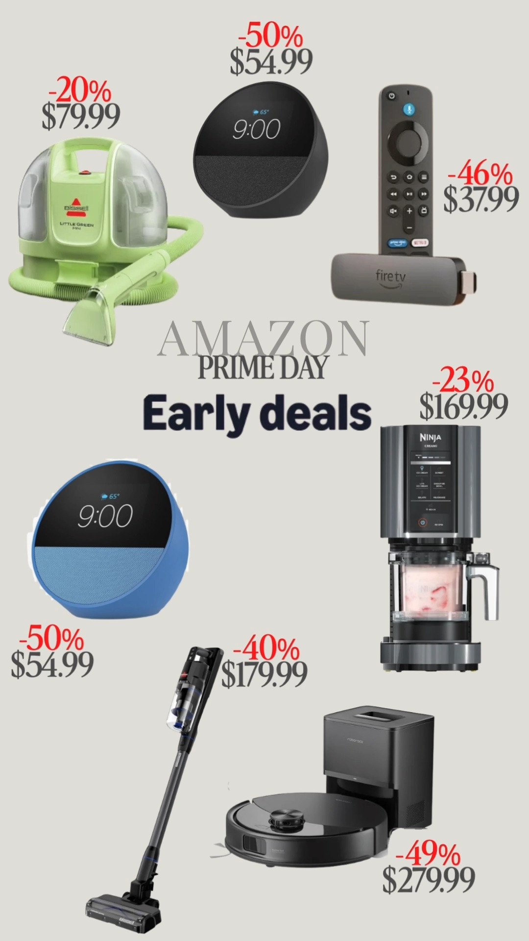 Amazon Prime Day early deals are already GOOD 👏🏻 Here are a few of the deals I’m watching:

• Bissell Little Green Pro — the ultimate little spot cleaner for couches, carpets, car seats + all those inevitable kid messes. 20% off — $79.99

• Echo Dot — perfect for the kitchen counter, bedside table or keeping up with timers, weather, calendars + more. 50% off — $54.99

• Fire TV Stick — an easy way to upgrade your TV and stream all your favorites. 46% off — $37.99

• Amazon Echo Spot — compact but perfect for music, timers, reminders, smart-home control + more. 50% off — $54.99

• Ninja CREAMi — if you’ve been wanting one, this is the time! Make homemade ice cream, sorbet, protein treats + more. 32% off — $149.99

• Cordless vacuum — such a convenient everyday vacuum for quick cleanups without dragging out the big one. 40% off — $179.99

• Robot vacuum + mop — let the robot handle the daily crumbs, dust + floors while you do literally anything else. 49% off — $279.99

Prime deals, early deals, bissell little green mini carpet cleaner, home essentials,