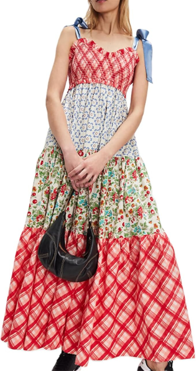 Women Tie Shoulder Maxi Dress Sleeveless Floral Smocked Tiered Ruffle Swing Flowy Dress Y2k Graff... | Amazon (US)