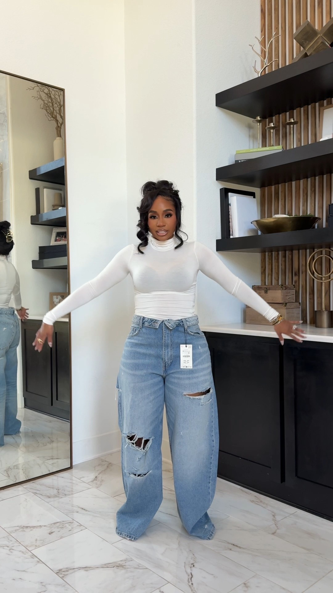 Fold-over waist distressed denim find! Staple denim find! 

#LTKFindsUnder100 #LTKMidsize