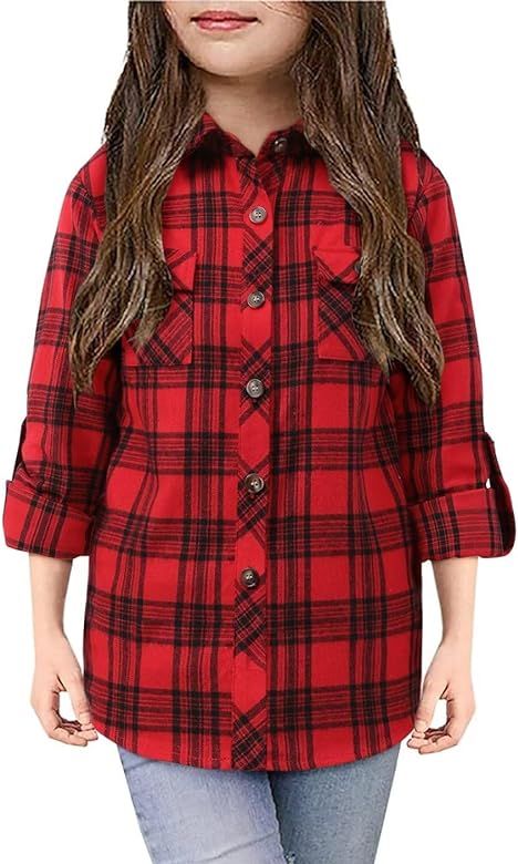 Girls Plaid Button Down Shirts Western Shirts Kids Long Sleeve Casual Collared Blouses 3-14Y | Amazon (US)