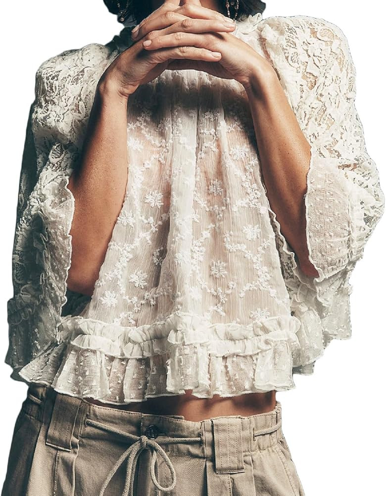 Women Boho Flowy Lace Blouse Long Sleeve Crew Neck See Through Ruffle Sheer Tops | Amazon (US)