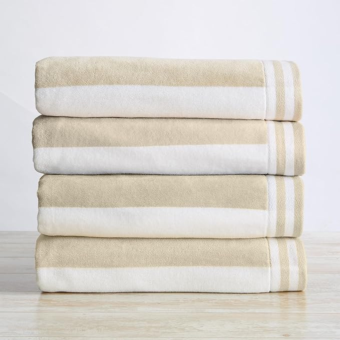 Great Bay Home 100% Cotton Velour 4 Pack Beach Towels - Taupe Cabana Stripe Pool Towels - Quick D... | Amazon (US)