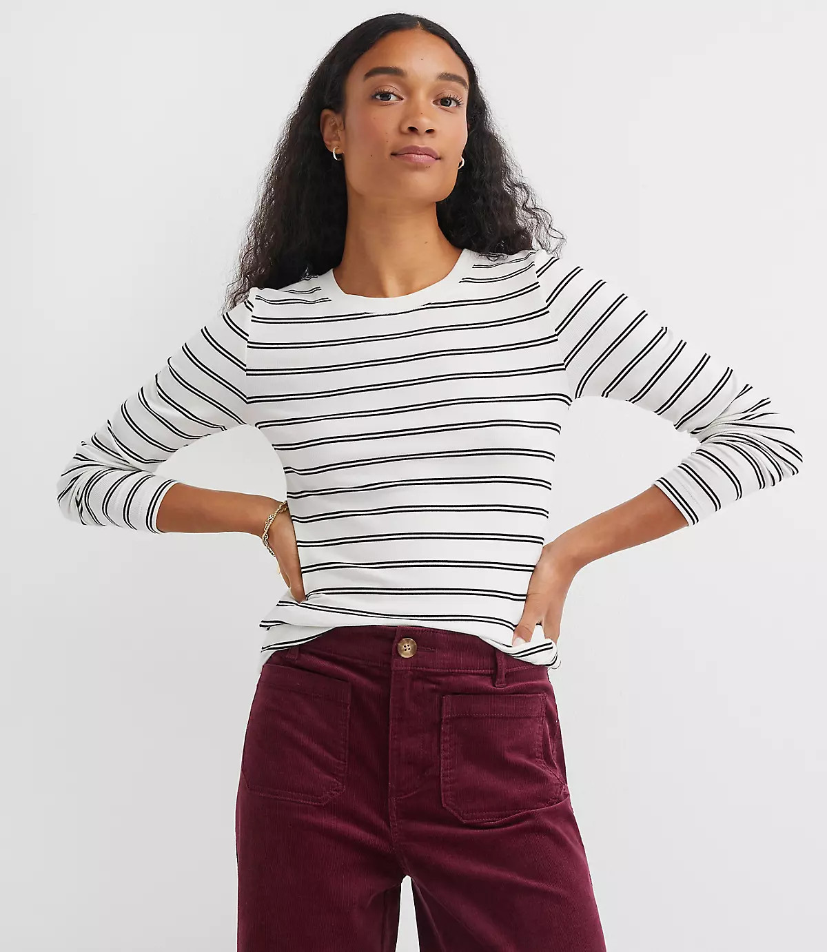 Stripe Ribbed Crew Neck Long Sleeve Tee | LOFT