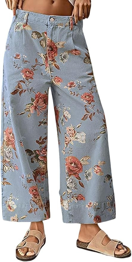 loveimgs Women Mid Rise Cropped Wide Leg Jeans Baggy Floral Ankle Pants Denim Capris Flare Print ... | Amazon (US)