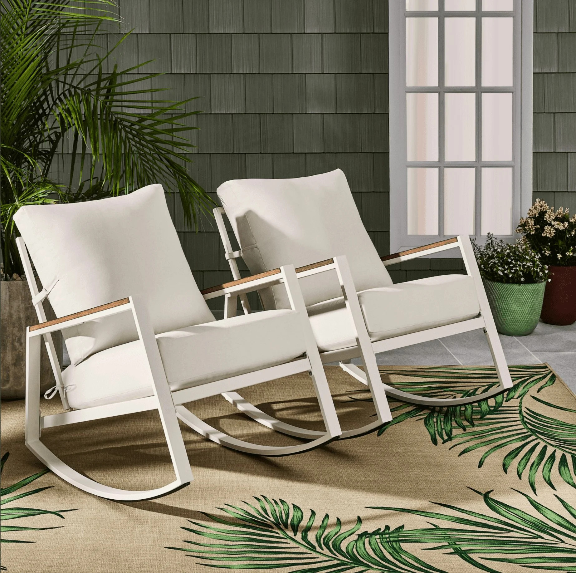 Better Homes & Gardens Marlow Outdoor 2pk Patio Rocking Chairs, White Frame/Cream Cushion | Walmart (US)