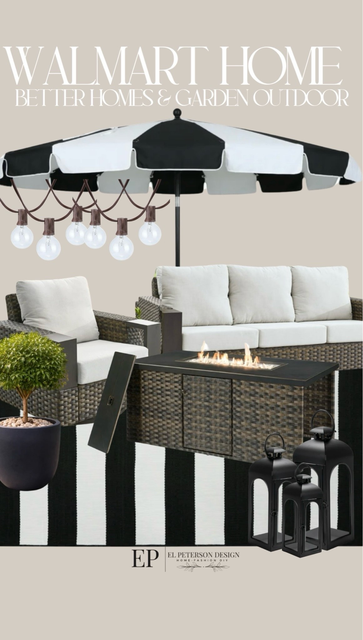 Walmart
Outdoor umbrella
Outdoor string light
Patio set with fireplace
Flood lantern
Topiary

#LTKHome