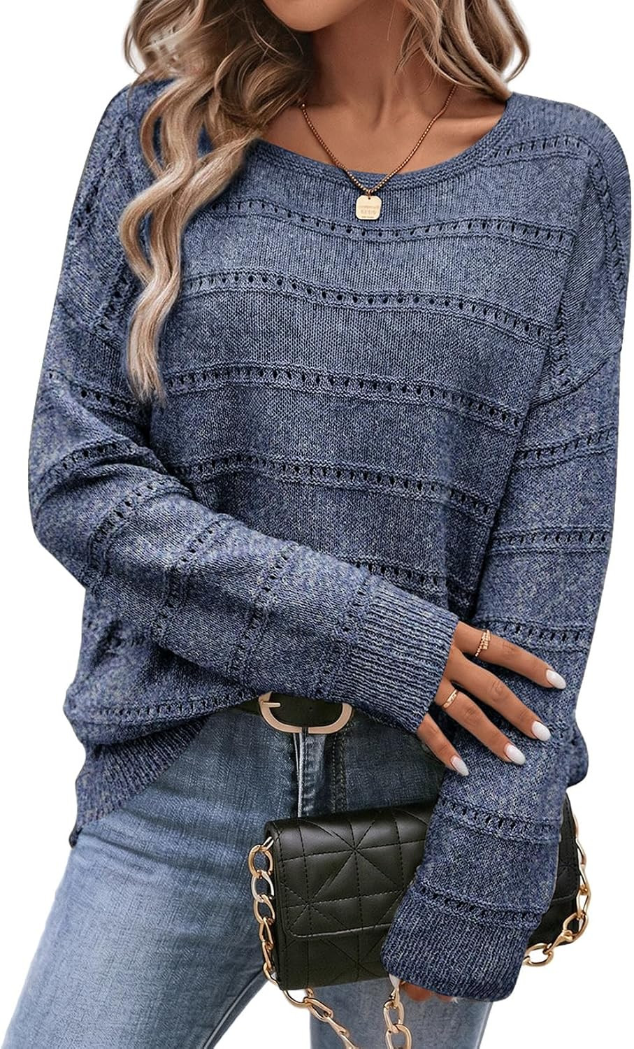 SHEWIN Women's Sweaters Crewneck Long Sleeve Hollow Out Knit Lightweight | Amazon (US)