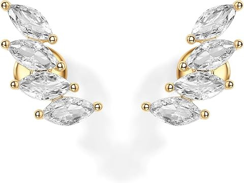 PAVOI 14K Gold Plated Navette CZ Crawler Stud Flat Back Earrings for Women | Amazon (US)
